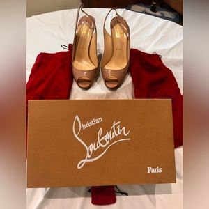 Christian Louboutin Ladies Sling 100 Patent Calf Nude 3.5 Inch Heel.